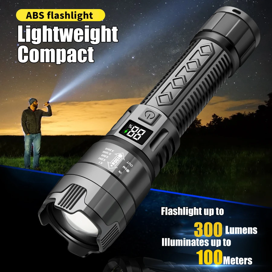 High Power LED Flashlight 3 Modes Type-C Rechargeable Zoom Lantern Built in Battery 100 Meter Outdoor Fishing Tactical Torch