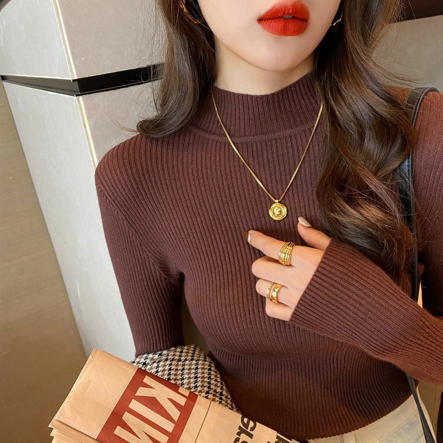 

Women Autumn Winter Clothes Solid Half High Collar Fashion Casual Sweater Long-sleeved Knitted Pullovers Shirt Female Tops YL16