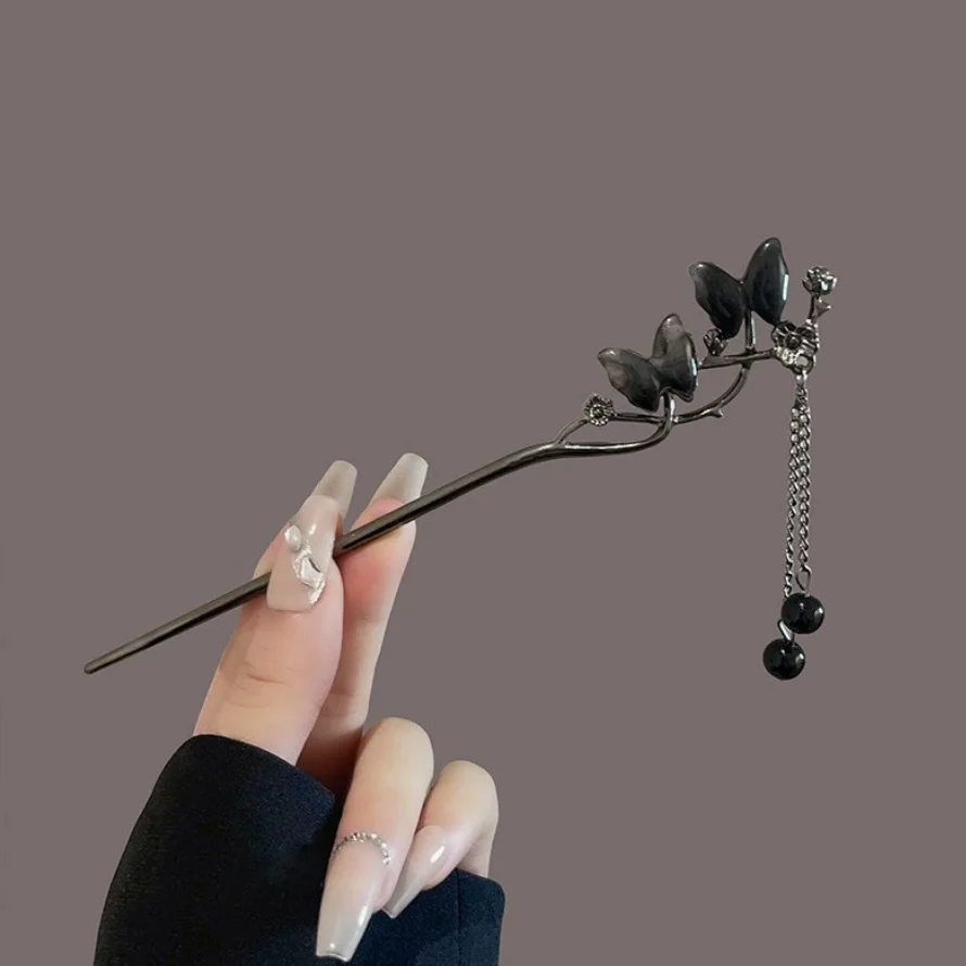 Klassischer Haarstab mit Blumen- und Metallfransen-Haarspange für Damen, Perlen-Haarschmuck mit schwarzen Perlen für Cheongsam-Haarknoten – Detail 10