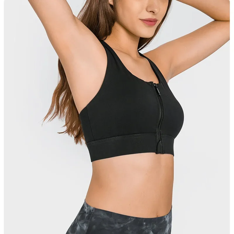 Solid Color Women Sports Bras Gathered Without Steel Ring Running Vest Fitness Front Zipper Sexy Shockproof Underwear