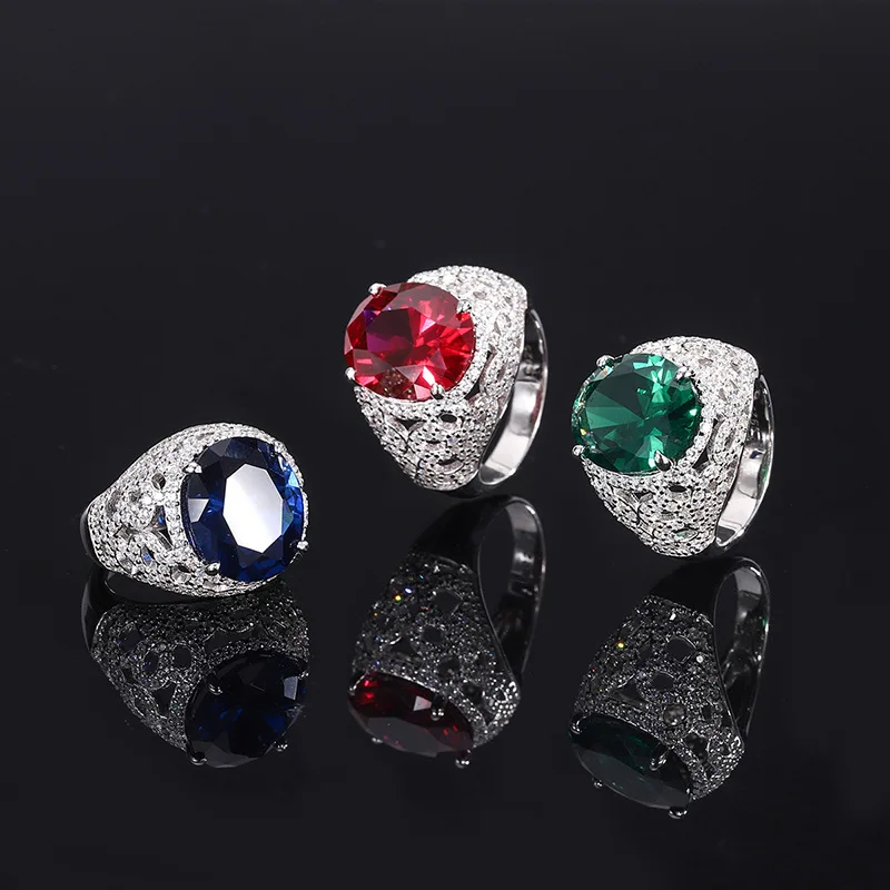 

S925 Full body silver Tiktok hot sale Women's color treasure Tanzanian blue treasure pigeon blood red treasure full diamond ring