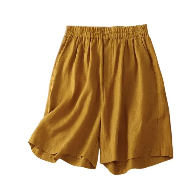 New Plus Size Women's Pants Cotton Linen Elastic Waist Slimming Bell Bottoms Casual Versatile Solid Colors Shorts Summer