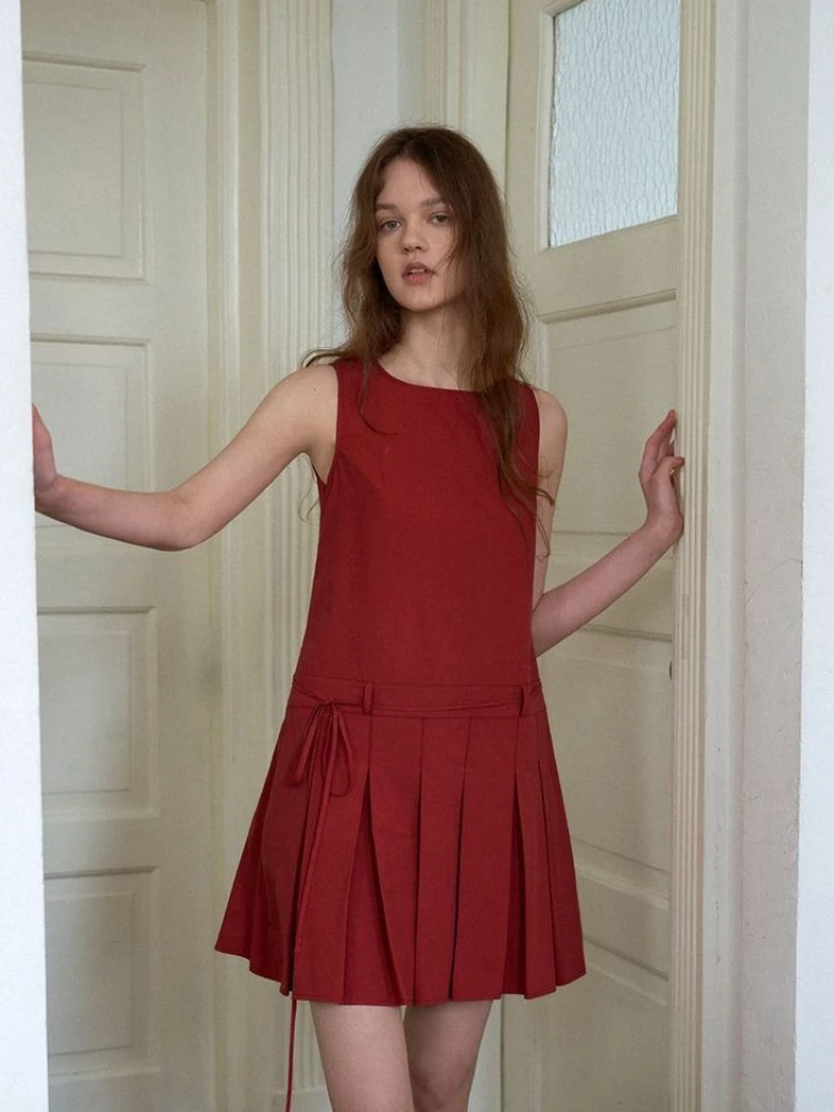 

ADAgirl Vintage Red Sleeveless Mini Dress for Women A-line Backless Hollow Out Lace-up Pleated Above Knee Tank Dresses Female
