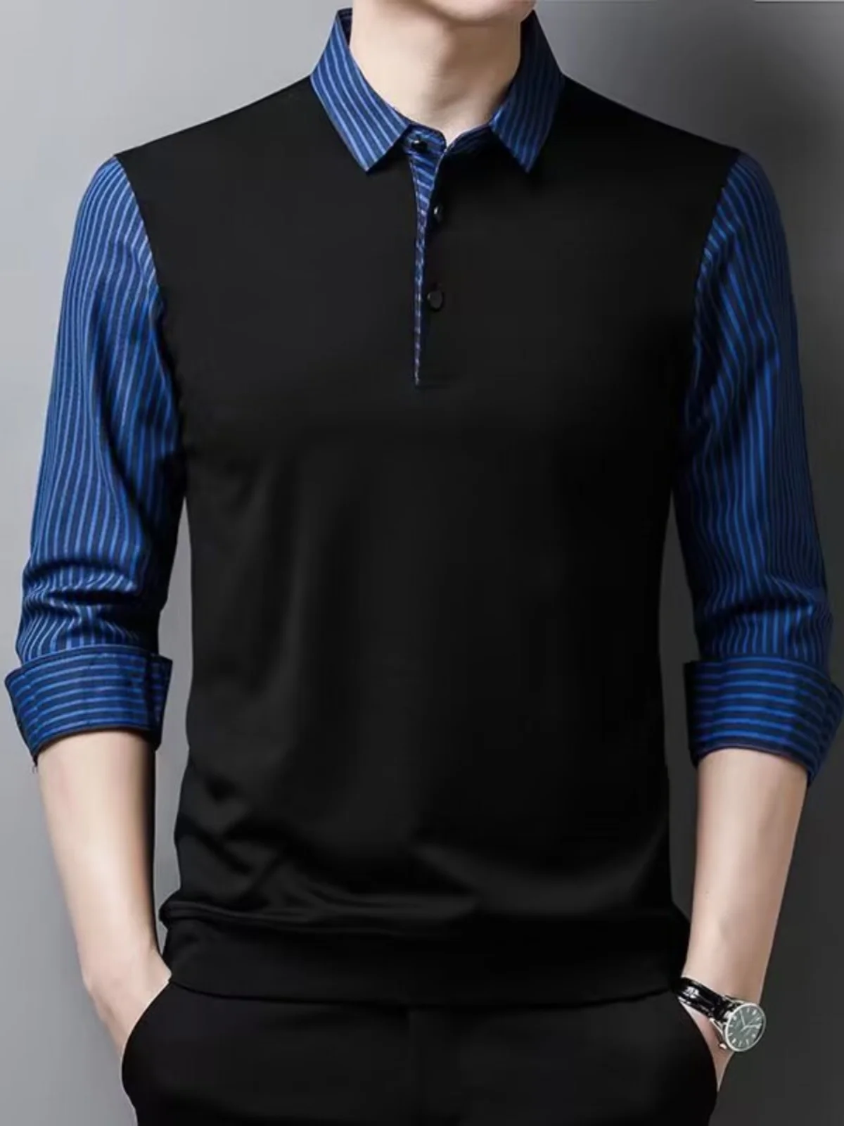 Men's Fce Lined Knitted Stripe irt Fake Two-Piece  Sweater Busin Casual Warm Base Layer Top for Autumn Winter