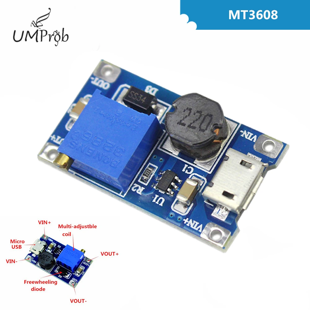 DC-DC Adjustable Boost Module 2A Boost Plate 2A Step Up Module with MICRO USB 2V - 24V to 5V 9V 12V 28V MT3608 LM2577