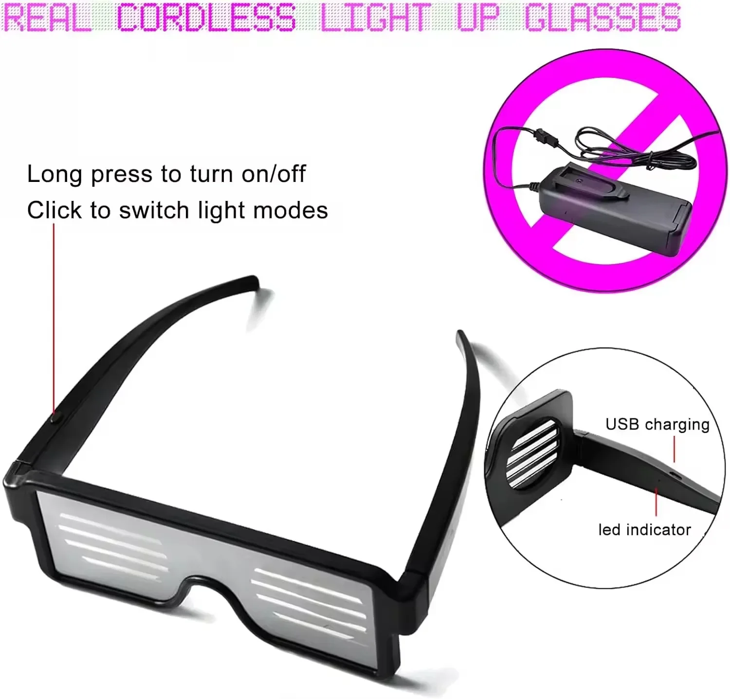 LED Glasses LED Glasses Luminous Flashing Light 10 Glow Flashing Modes for Halloween Birthday Rave Music Performance Props Screen Display