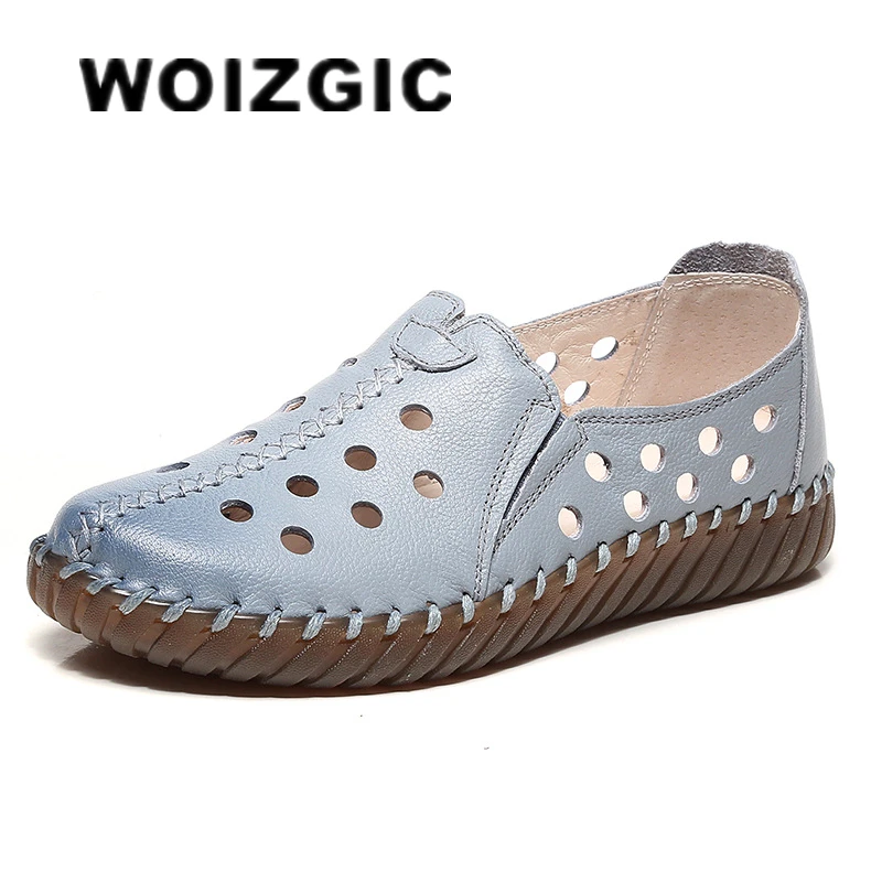 

WOIZGIC Women Female Old Mother Ladies Shoes Flats loafers Cow Genuine Leather Slip On Casual Hollow Out Size 35-41 ASN-202