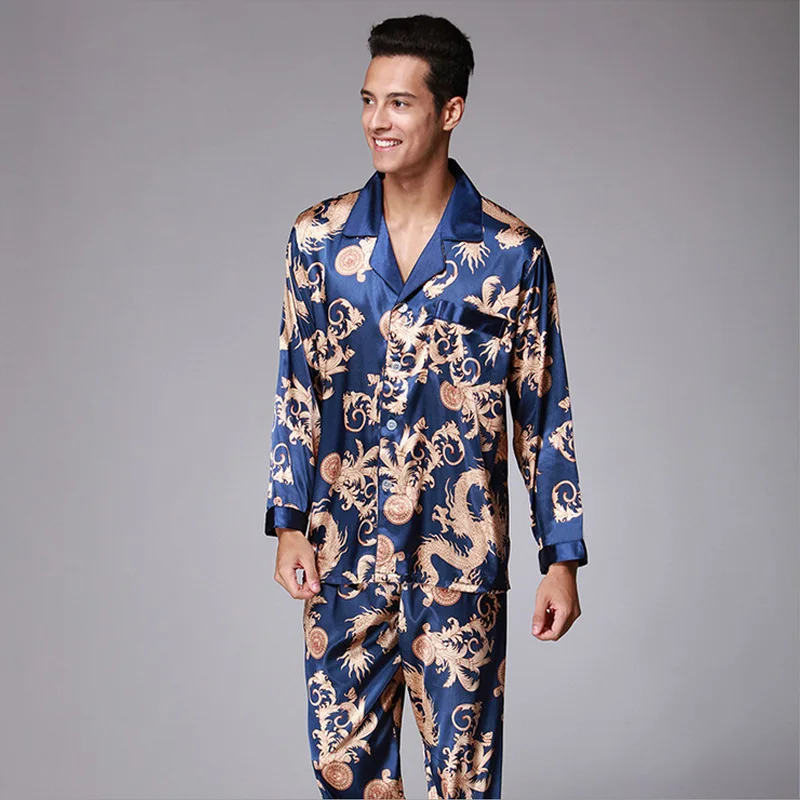 cotton pjs New Dragon Pattern Men's Long-sleeved Trousers Pajamas Set Home Service Two-piece Set Couple Dragon Pattern Long-sleeved Pajamas mens silk pajamas Pajama Sets