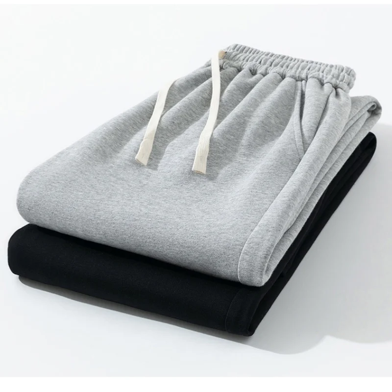 بنطلون واسع الساق للرجال لفصلي الخريف والشتاء، مبطن بالصوف، تصميم مستقيم وفضفاض، بنطلون رياضي كاجوال طويل، بنطلون رياضي أسود