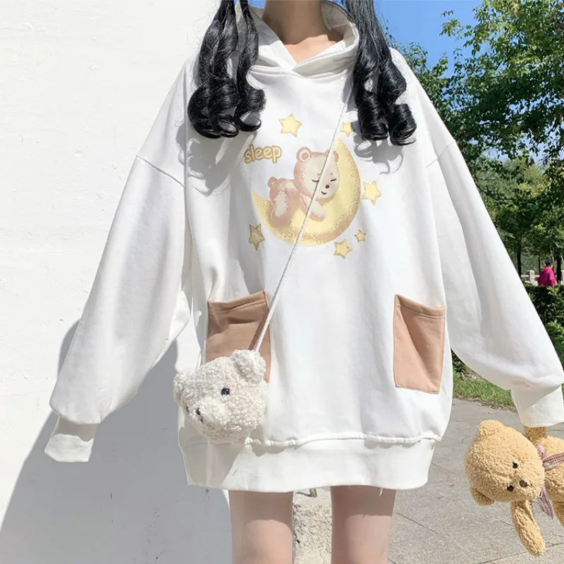 Women Harajuku Sweatshirt Cute Teddy Bear Hoodie Sweatshirts Woman Black Oversized Plush Vintage Kawaii Clothes White Streetwear