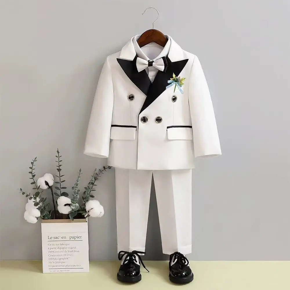 

2023 Spring Children's Boys' Suit Sets Coat Double Breasted Pants 2pcs Turndown Collar Bow Tie British Style Wedding 2-8 Yrs
