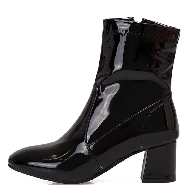 Classic Black White Ankle Boots for Women Block Low Heel Short