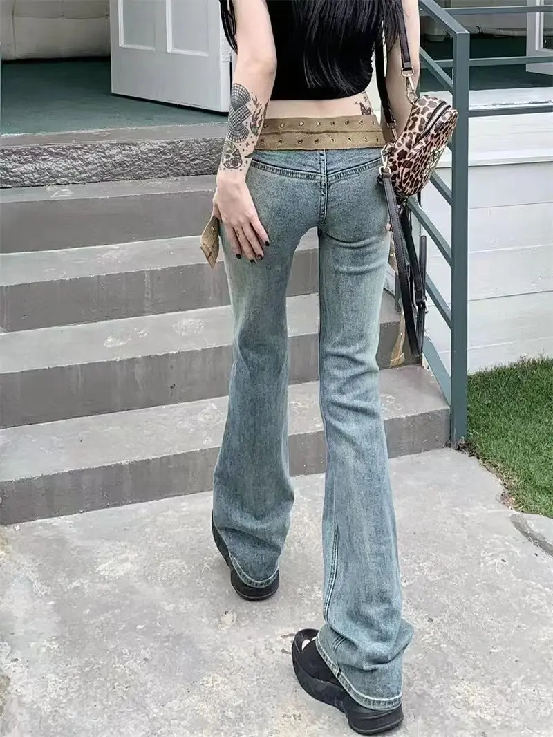 Jeans With Belt Low Rise Fashion Vintage Distressed Jeans For Women Streetwear Denim Straight Leg Jeans Bottom Essential Pants