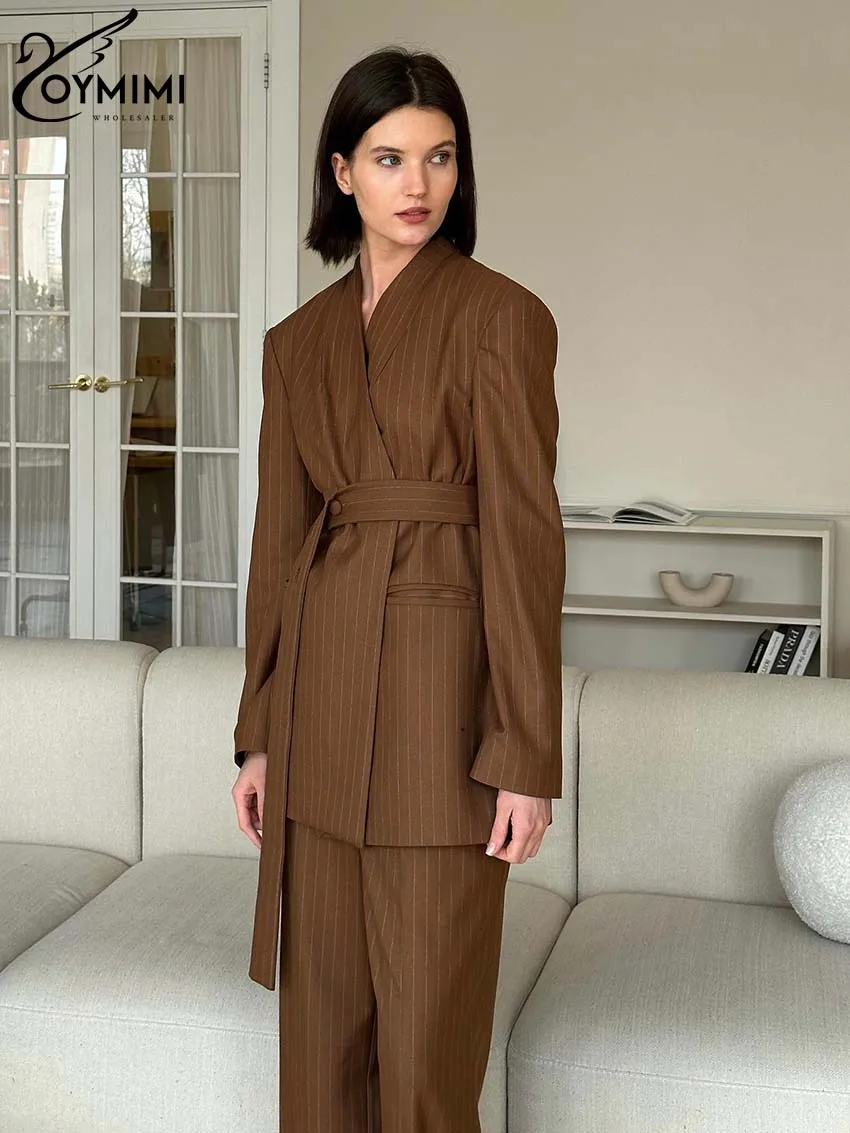 Oymimi 여성용 다크 브라운 프린트 투피스 세트, 우아한 브이넥 긴팔 레이스업 셔츠 및 스트레이트 전체 길이 바지 세트, 패션
