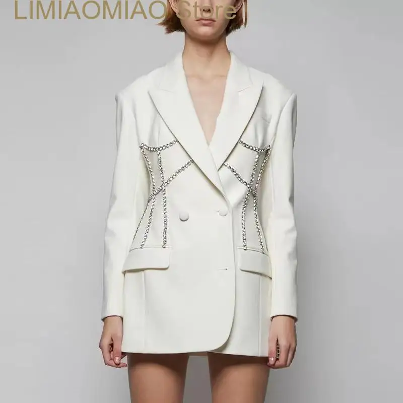 New spring women luxury rhinestone decoration blazer korean style midi suit jacket fashionable waist blazer dress