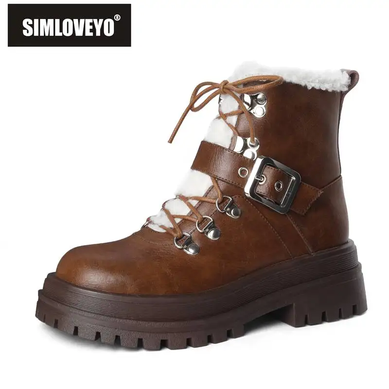 

SIMLOVEYO Cow Leather Brand Shoes For Woman Ankle Snow Boots Thick Heels 5.5cm Warm Plush Fur Zipper Lace Up Buckle Leisure 40