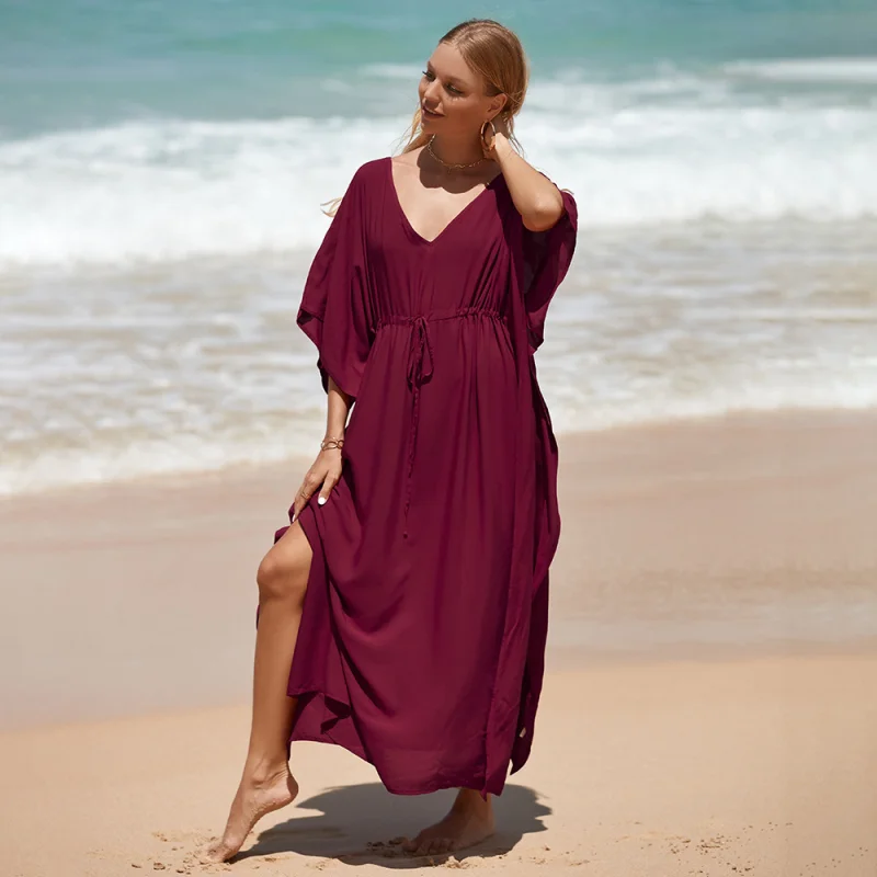 V-neck Batwing Sleeve Solid Color Waistband Dress For Women Summer Bikini Beach Wear Kaftan Long Bathing Swimsuit Cover Up