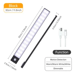 Wireless LED Motion Sensor Night Light - USB Rechargeable Cabinet and Wardrobe Lamp for Under Cabinet Lighting (Black 30CM)