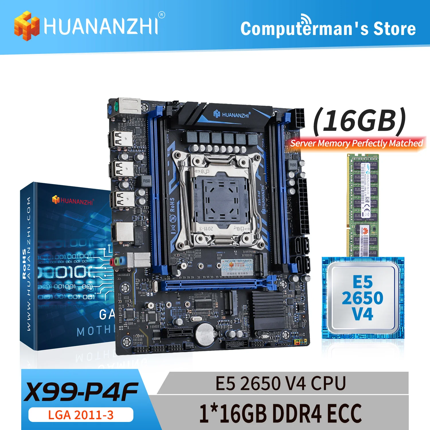 

HUANANZHI X99 P4F LGA 2011-3 XEON X99 материнская плата с Intel E5 2650 V4 с 1*16G DDR4 RECC память комбинированный комплект NVME