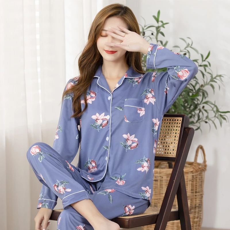 New 2021 Spring Summer Cotton 2 Piece Pajamas Set Women New Printed Colorful Sleepwear Long Sleeve Pajamas Female Sleep Homewear