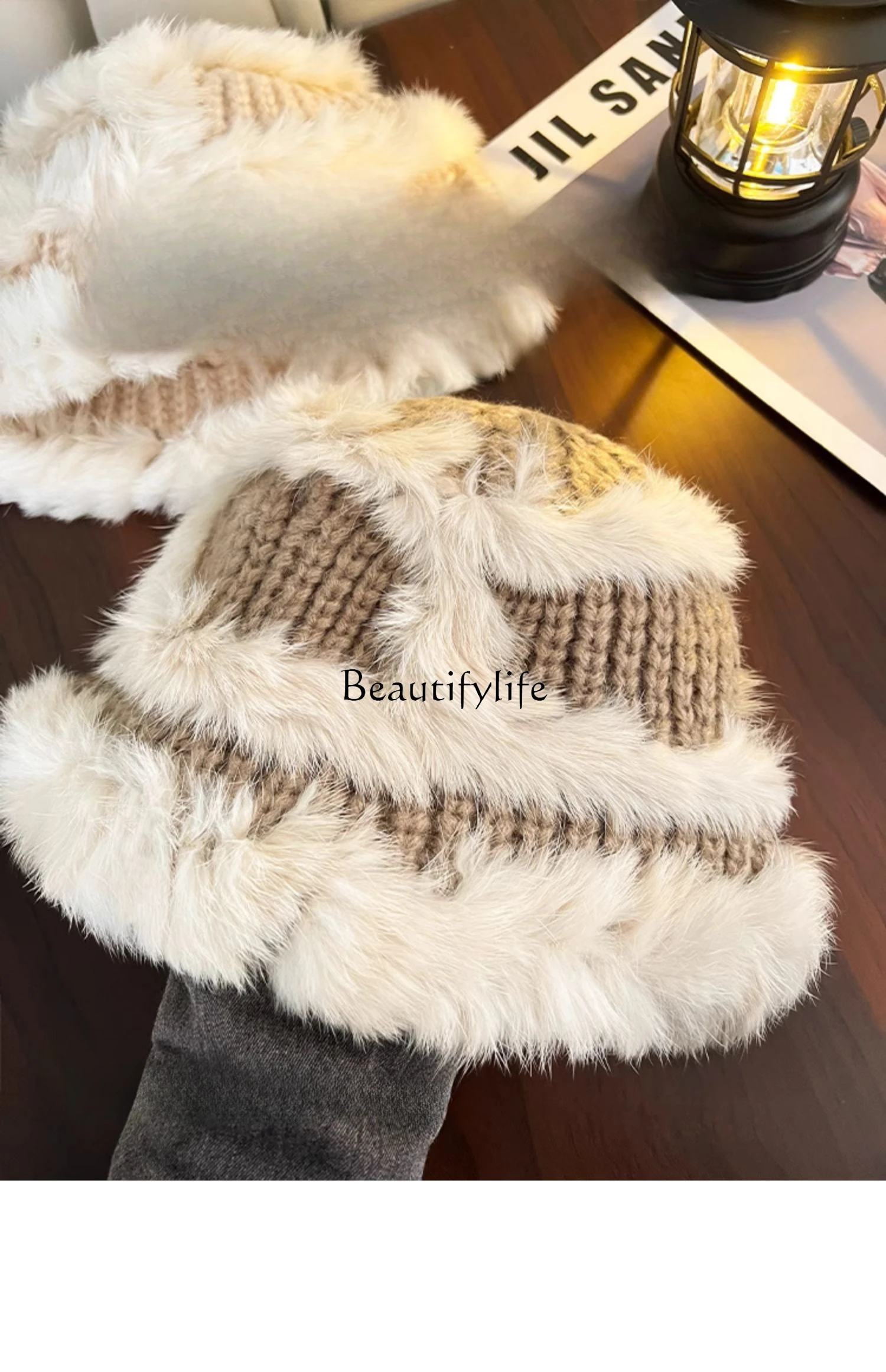 

Real Rabbit Fur Knitted Women's Big Head Circumference Earflaps Woolen Loose Thick Warm Hat