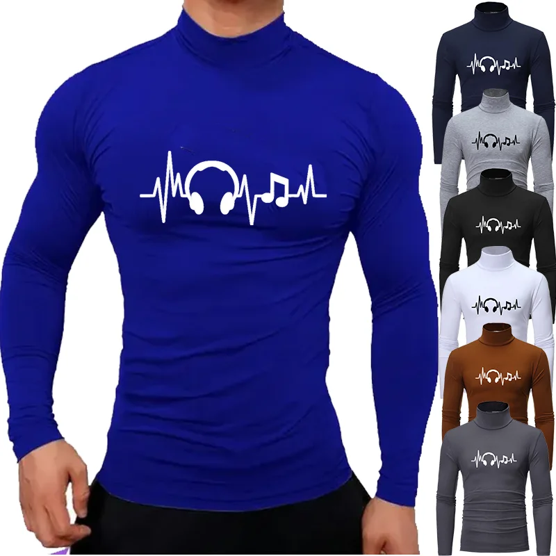 

Men's Autumn Spring Long Sleeve Turtleneck Casual Slim Fit Basic T Shirt Music Printed Sports Elastic Tops Winter Bottom Shirt