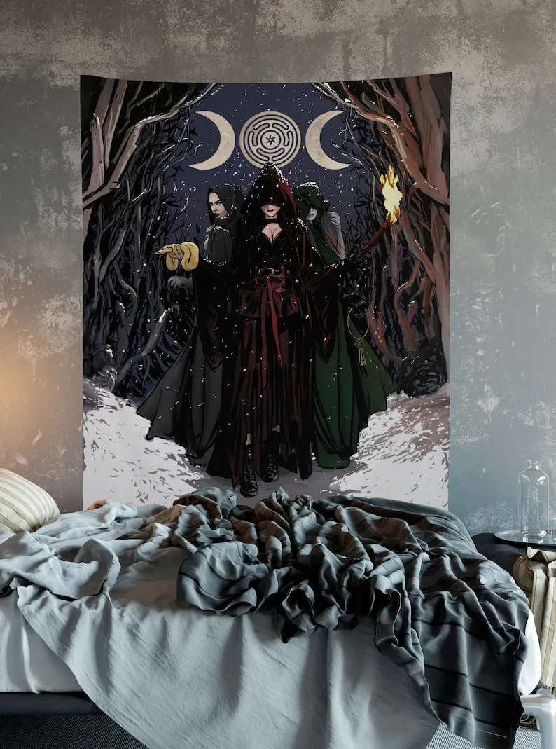 Hecate Holiday Tapestry Triple Goddess Original Art Tapestry Wiccan Art Gothic