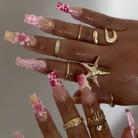 Faux ongles carrés moyens avec colle, 24 pièces, fleurs roses Blush, couverture complète, acrylique français, à pression, pour filles 6