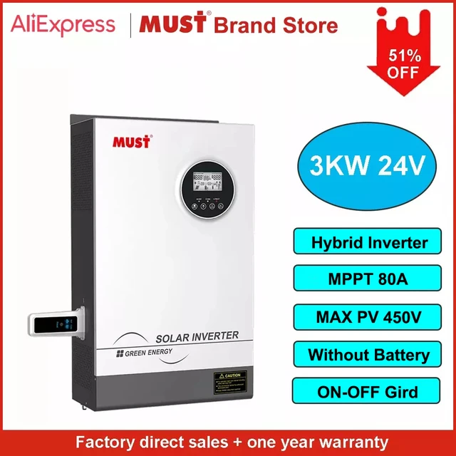 MUST PH1800 Pro 3KW 3000W 24V Home Hybrid Solar Inverter MPPT 80A Max ...