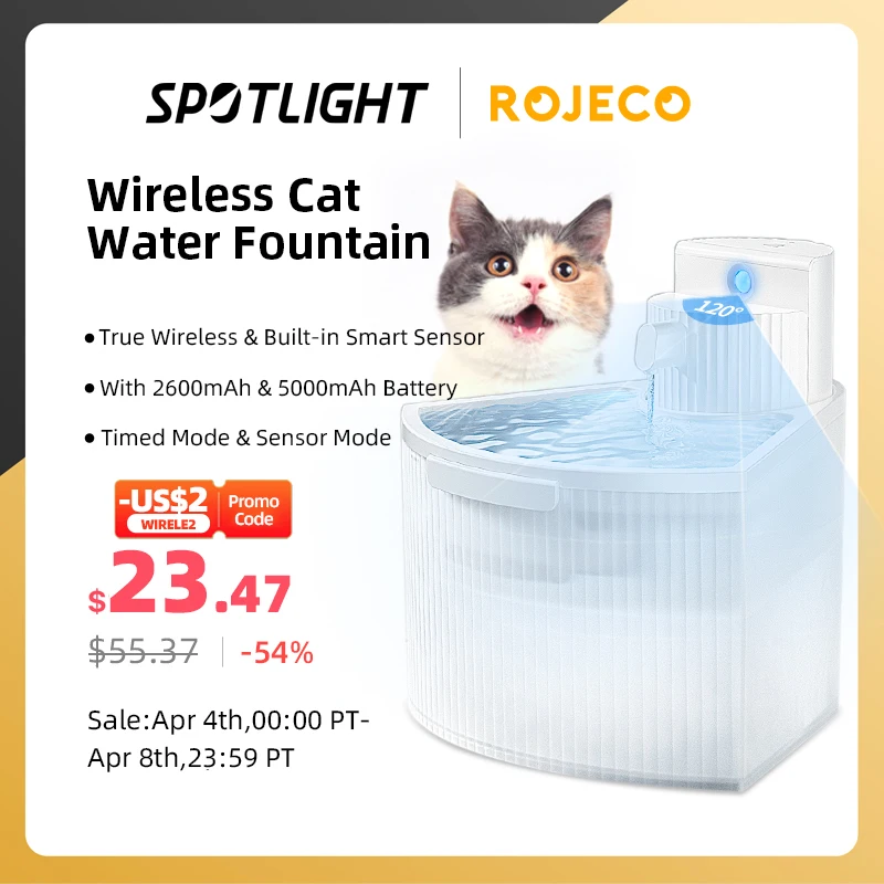  ROJECO Wireless Cat Water Fountain Automatic Sensor Drinking Fountain For Cats Dog Drinker Pet Smart Water Dispenser Accessories 