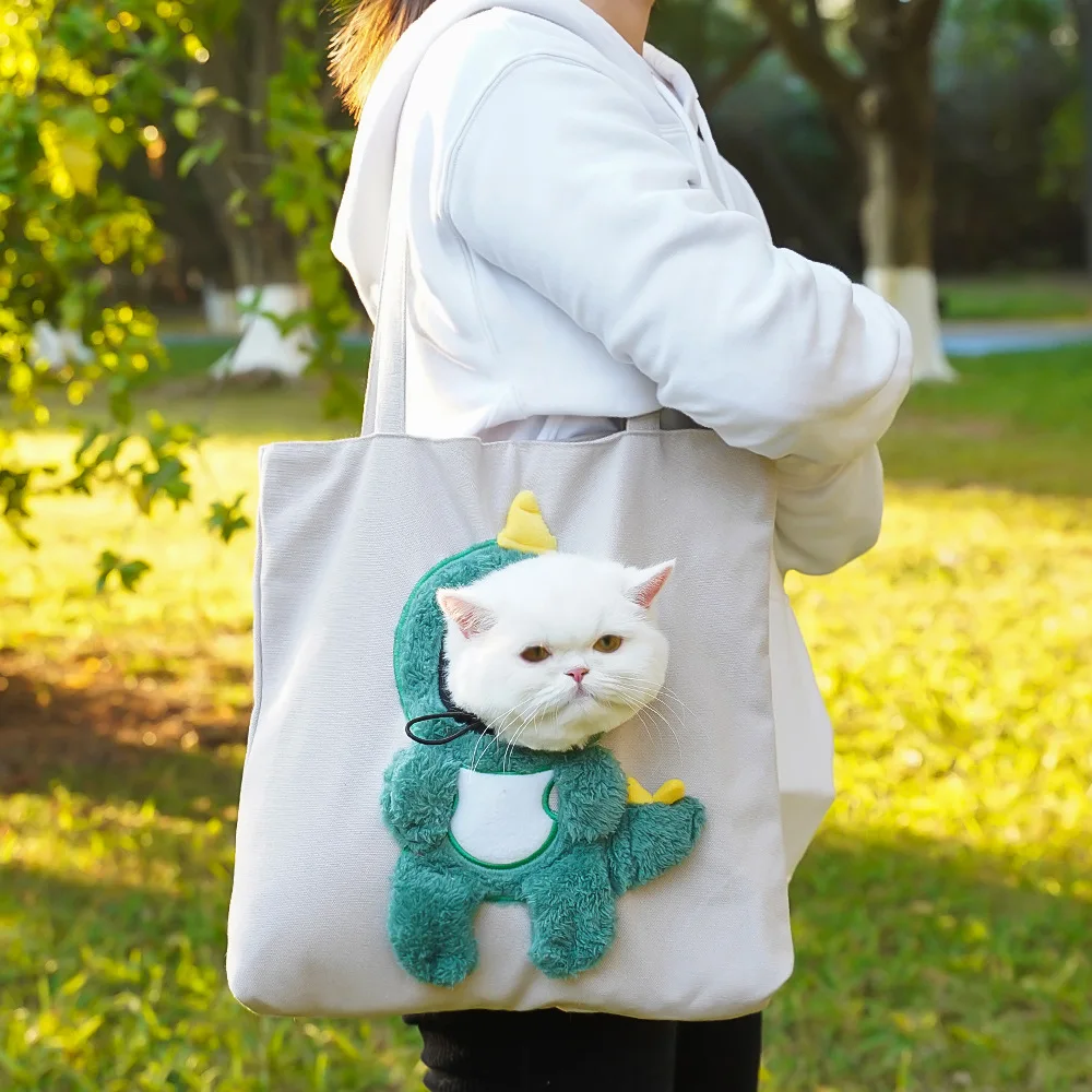 Pet Canvas Shoulder Bag Bee Rabbit Dinosaur Shape Cute Cat Carrier Portable Shoulder Carrying Bag Chest Cat Outdoor Tote