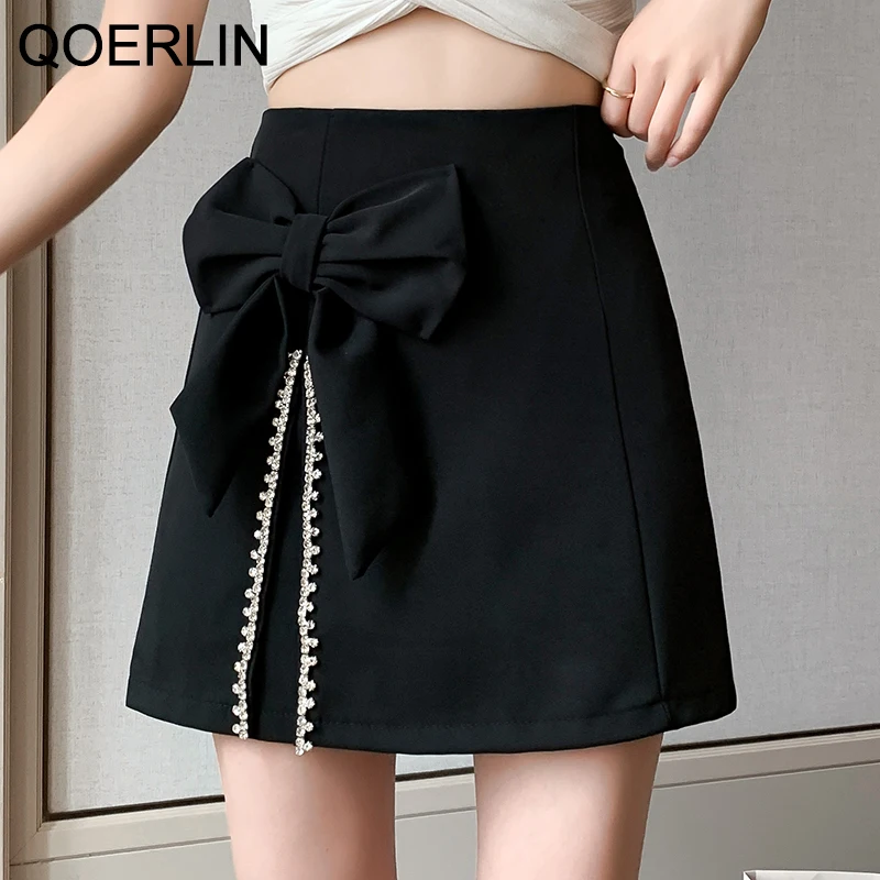 QOERLIN Women White Skirts Bow Beading High Waist Short Black Mini Skirts Elegant Office A-Line Slim Skirt with Shorts the north face ns6np02o white label ice run shorts