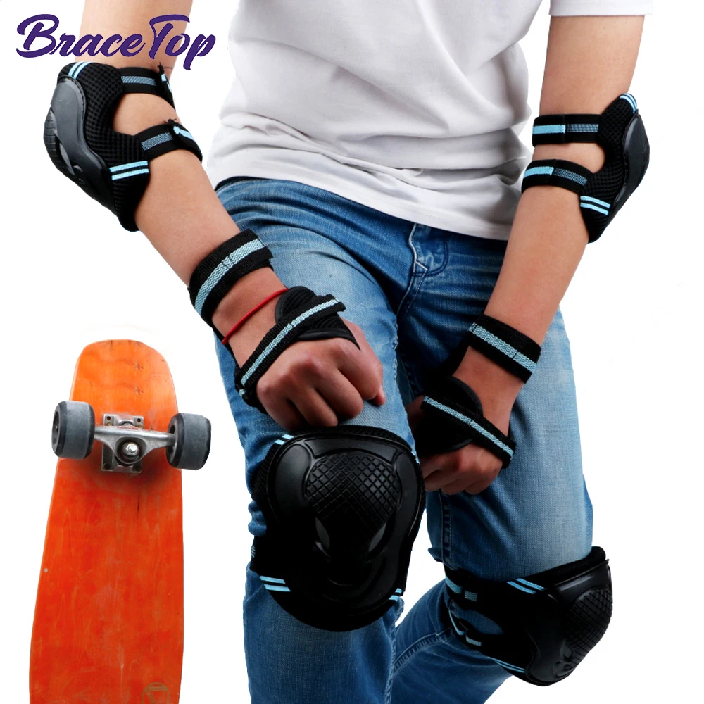 

BraceTop 6Pcs/Set Teens & Adult Knee Pads Elbow Pads Wrist Guards Protective Gear Set for Roller Skating, Skateboarding, Cycling