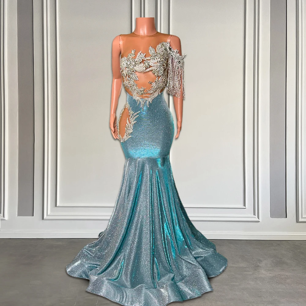 

Long Glitter Blue O Neck Prom Party Dresses Sexy Sheer Mesh Beaded Lace Black Girls Mermaid Prom Gowns 2024