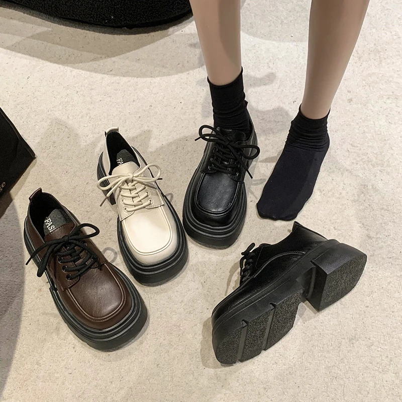 2025 Women Spring New Black Platform Lace-up Flats Shoes