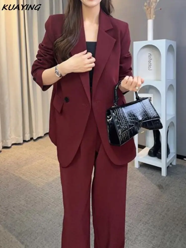 Ensemble pièces blazer et pantalon bordeaux pour femme, veste et