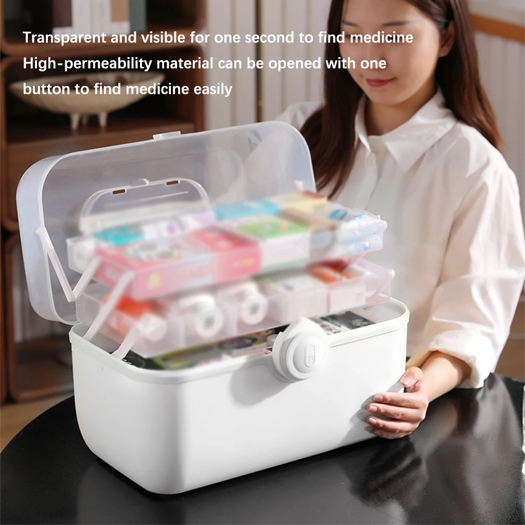 

Medicine Box Organizer First Storage Aid Handle Transparent Case Large