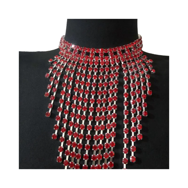 2023 Fashion Luxury Multilayer Long Tassel Rhinestone Necklace Women's Red Crystal Necklace Collar Chain Jewelry Gift Accessorie