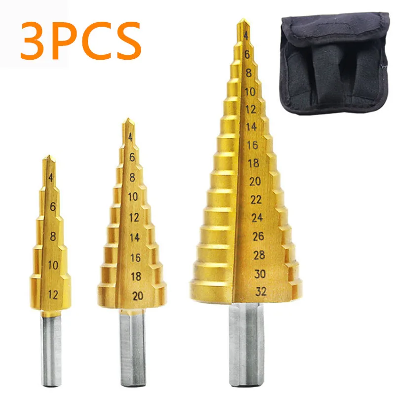 

3Pcs 4-12mm 4-20mm 4-32mm HSS Straight Groove Step Drill Bit Titanium Coated Wood Metal Hole Cutter Core Cone Drilling Tools Set