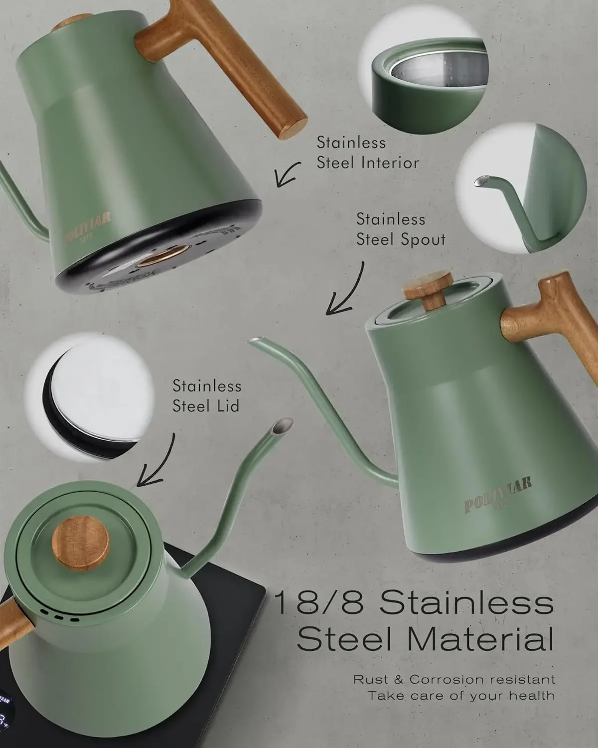 Electric Gooseneck Kettle, 1200W Electric Tea Kettle Real Wood Handle, 34oz Pour Over Electric Kettle for Coffee & Tea, 18/8 4
