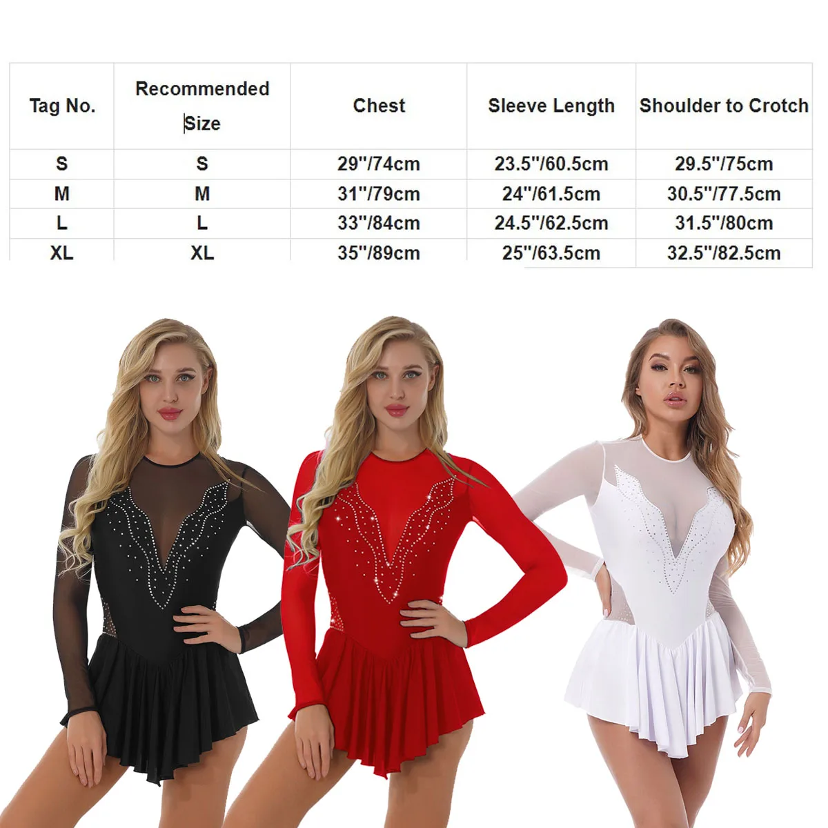 TiaoBug Women Long Sleeves Shiny Rhinestones Figure Skating Dress Gymnastics Leotard Stage Performance Ballet Dance Costume