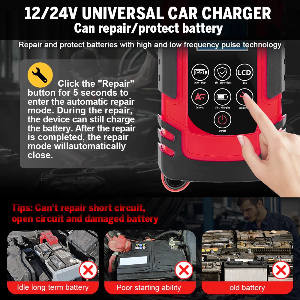 JFIND New Fully Automatic Battery Charger 12V 24V Smart Battery Pulse Repair Tools Lead Acid Battery Charger LCD Digital Display 3