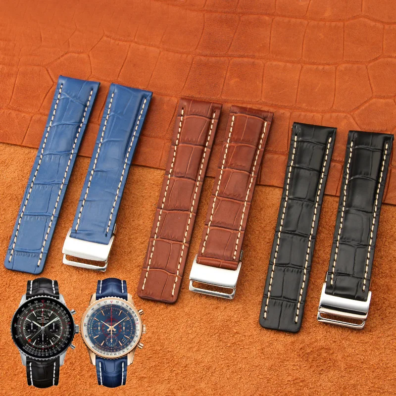 

High Quality Genuine Leather Watch Band Straps Mens Cowhide Deluxe Wristband Fits Breitling Watch Accessories 22/24mm with Tools