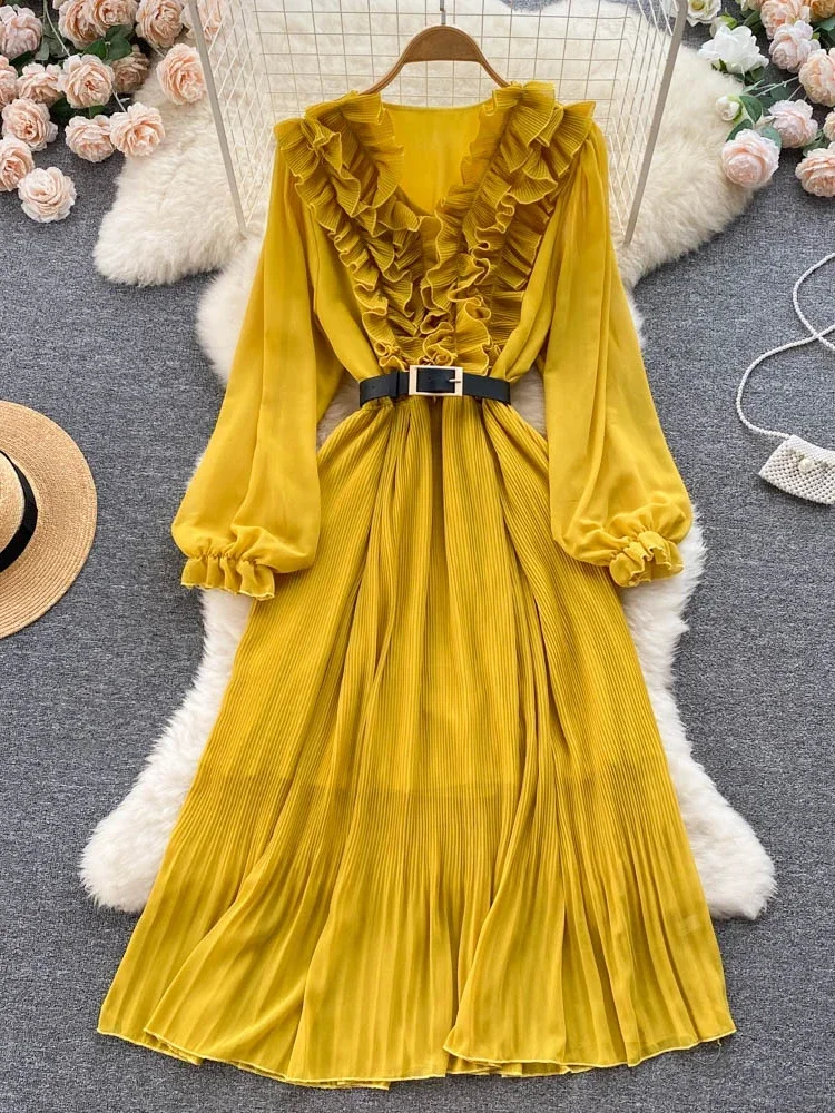 

Birthday Dress for Women V-neck Long Sleeve Belt Splicing Solid Color New Summer Dress Fashion Elegance Sweet Party Streetwear