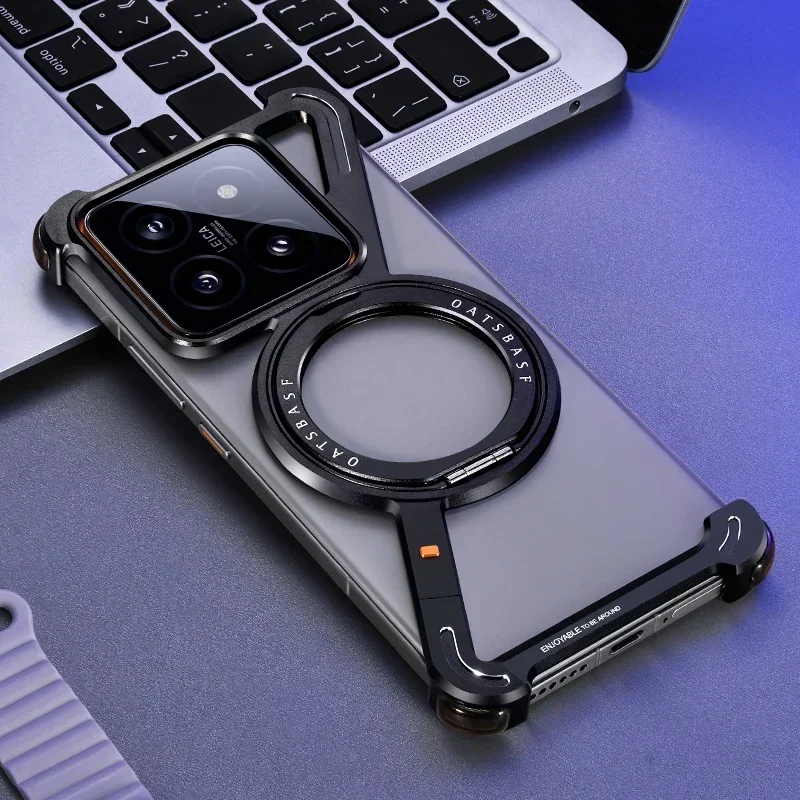 Eary Metal Phone Case for Xiaomi 14/14Pro/14Ultra Magnetic Frameless Shockproof Protector Cover with 360° Rotatable Stand Shell