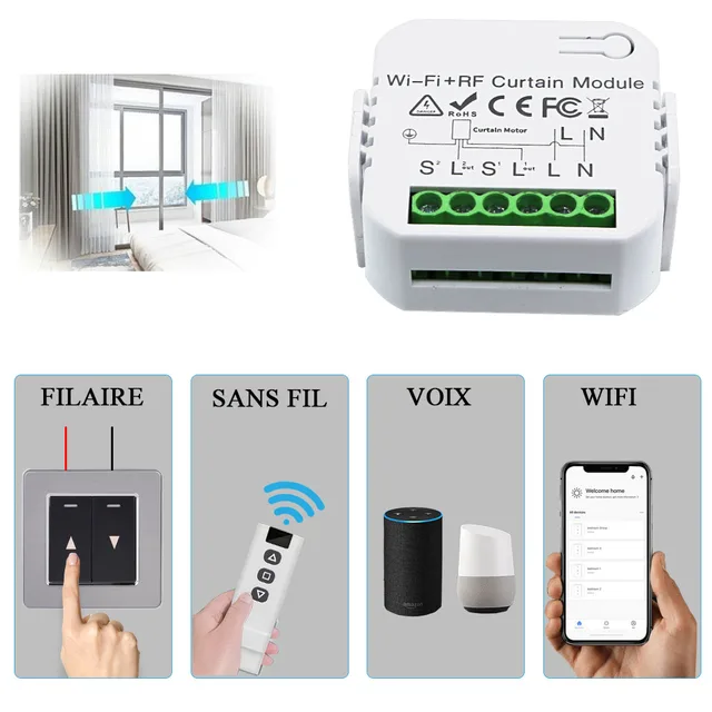 Module de commutateur sans fil, Interrupteur connecté pour rideaux, avec  intégration WiFi RF, conçu pour volet roulant motorisé avec télécommande à  distance Tuya, fonctionne avec Alexa et Google Home