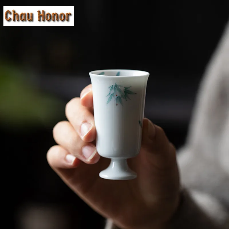 2pc/set Boutique Pure Hand Painted Bamboo Art Tea Cups White Porcelain Smelling Fragrant Mug Kung Fu Teaset High Foot Cup 40ml