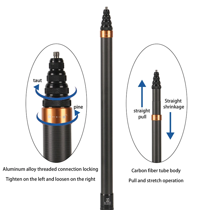 Gros plan sur le mécanisme d'extension de la perche à selfie fibre de carbone pour action cam.