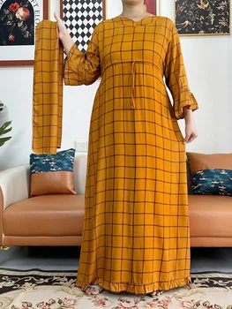 2024 New African Women Long Sleeve Lattice Dashiki Cotton Floral Dress Printing Loose Caftan Dress with Scarf Casual Vestido 1