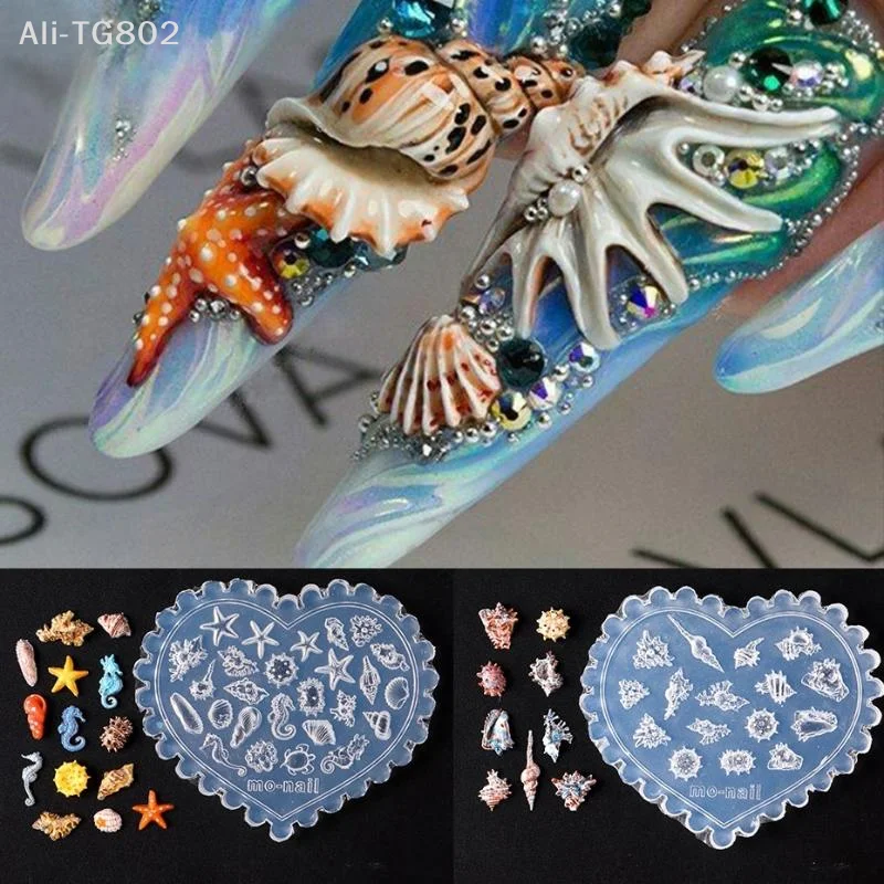 3D 실리콘 네일 몰드 바다 조개 불가사리 물고기 꼬리 해파리 소라 투명 네일 아트 조각 템플릿 DIY 액세서리